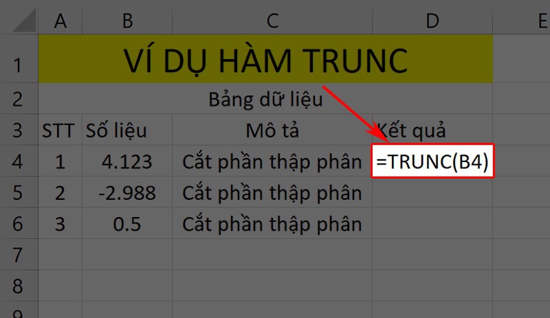 Cách sử dụng hàm TRUNC cắt bỏ phần thập phân trong Excel