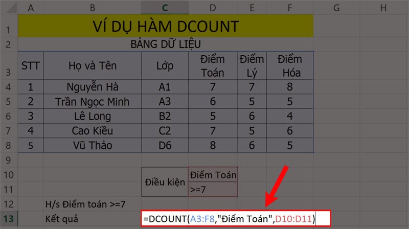 Cách sử dụng hàm DCOUNT đếm dữ liệu với điều kiện trong Excel có ví dụ