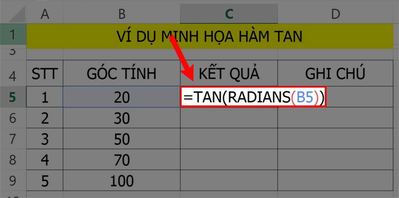 Cách sử dụng hàm TAN trong Excel chi tiết có ví dụ dễ hiểu